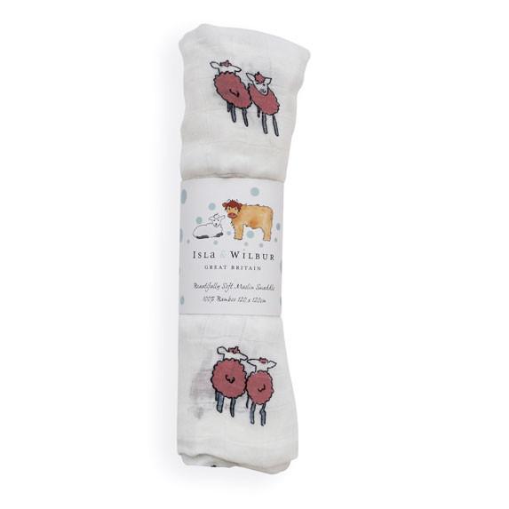 Raspberry Twin Lambs Bamboo Swaddle - Isla & Wilbur