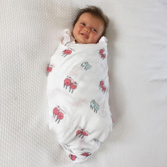 Raspberry Twin Lambs Bamboo Swaddle - Isla & Wilbur